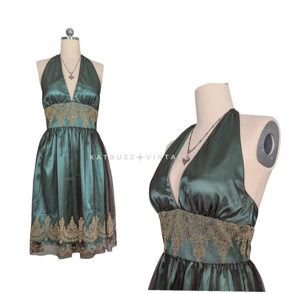 Papell Mini Dress Babydoll Gown 8 Green Gold Fairy Indie Halter Mesh Boho Sheer